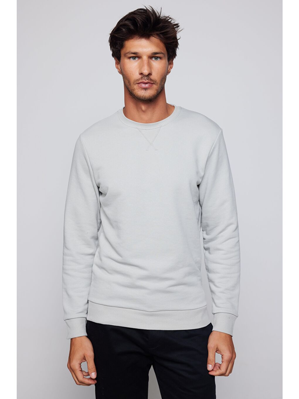 Bej Unisex Oversize Geniş Kesim %100 Pamuk Basic Taş Renk Bisiklet Yaka Sweatshirt-2