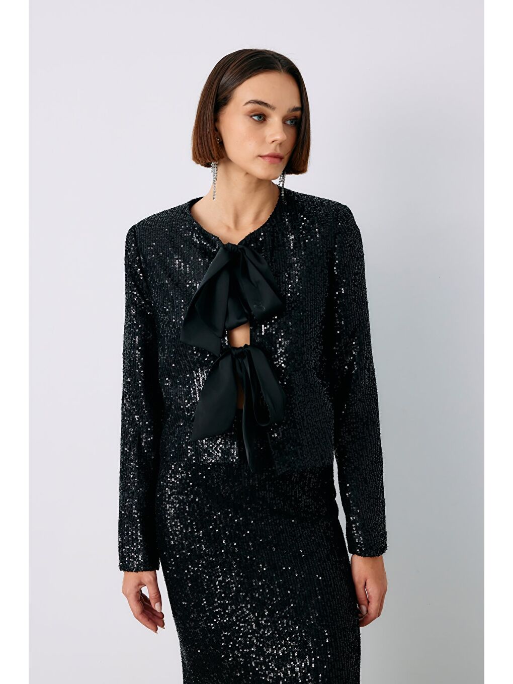 Payetli Kısa Ceket - Siyah-7