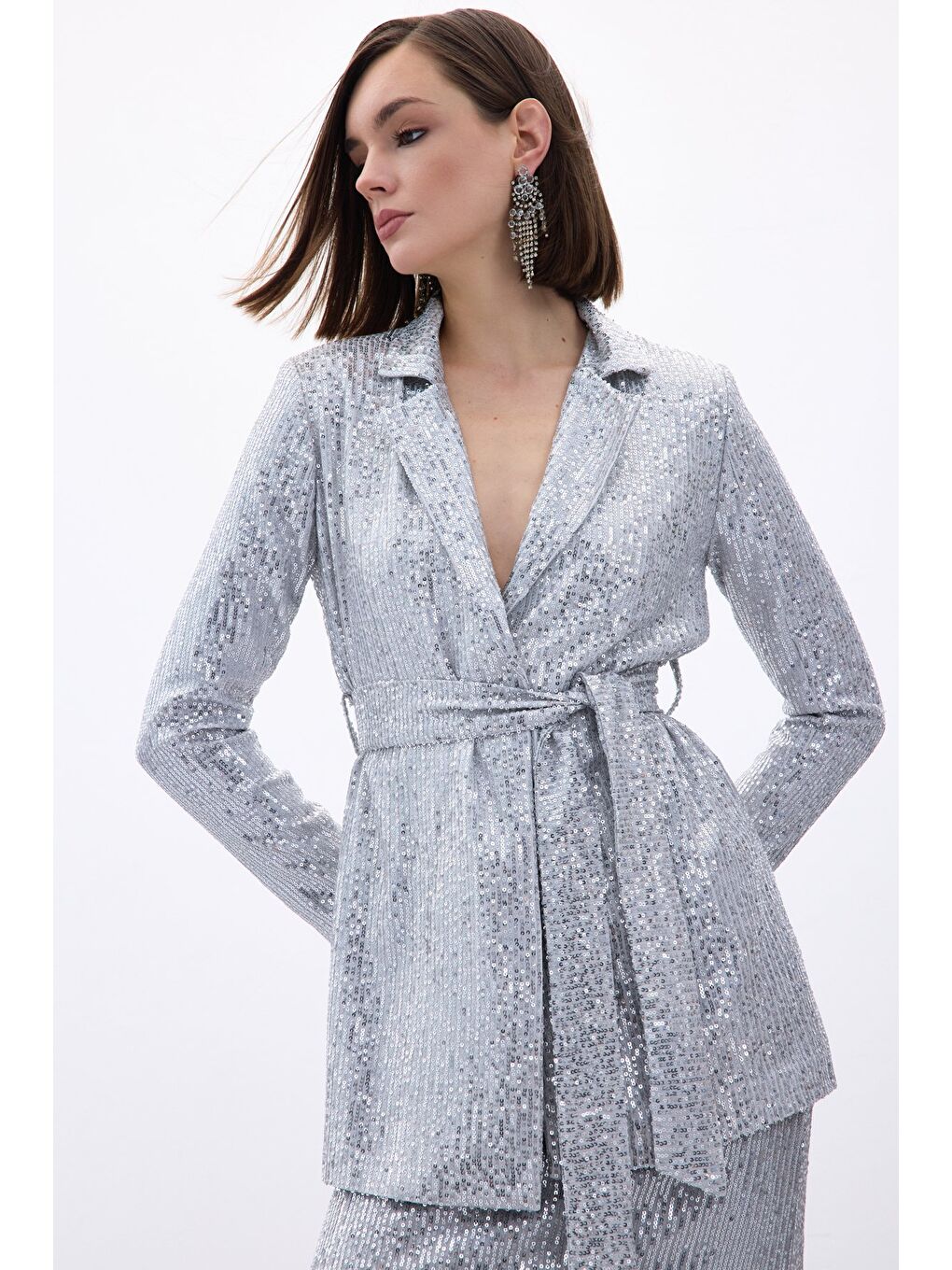 Gri Kuşaklı Payet Ceket - Gümüş