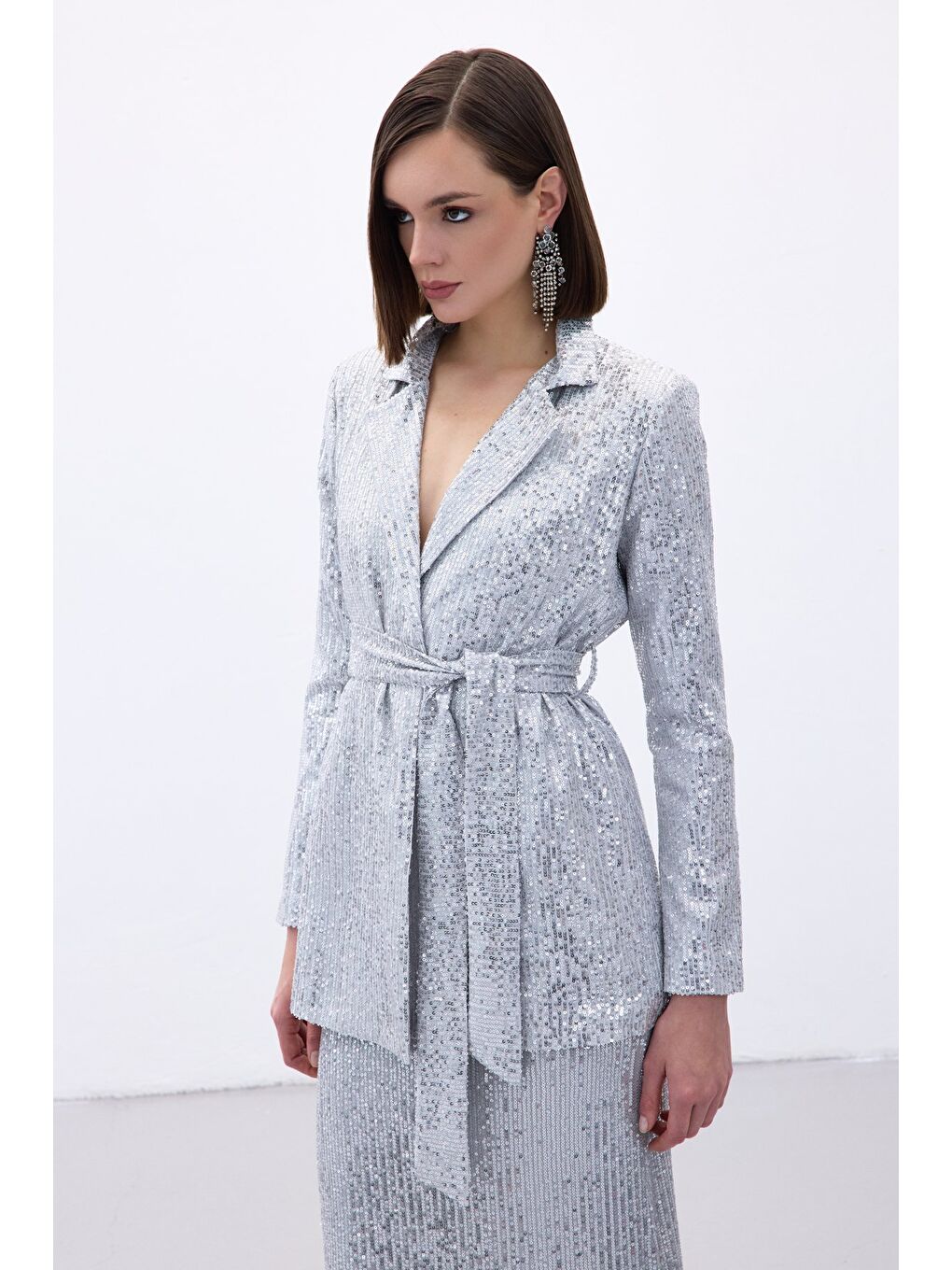 Gri Kuşaklı Payet Ceket - Gümüş-1