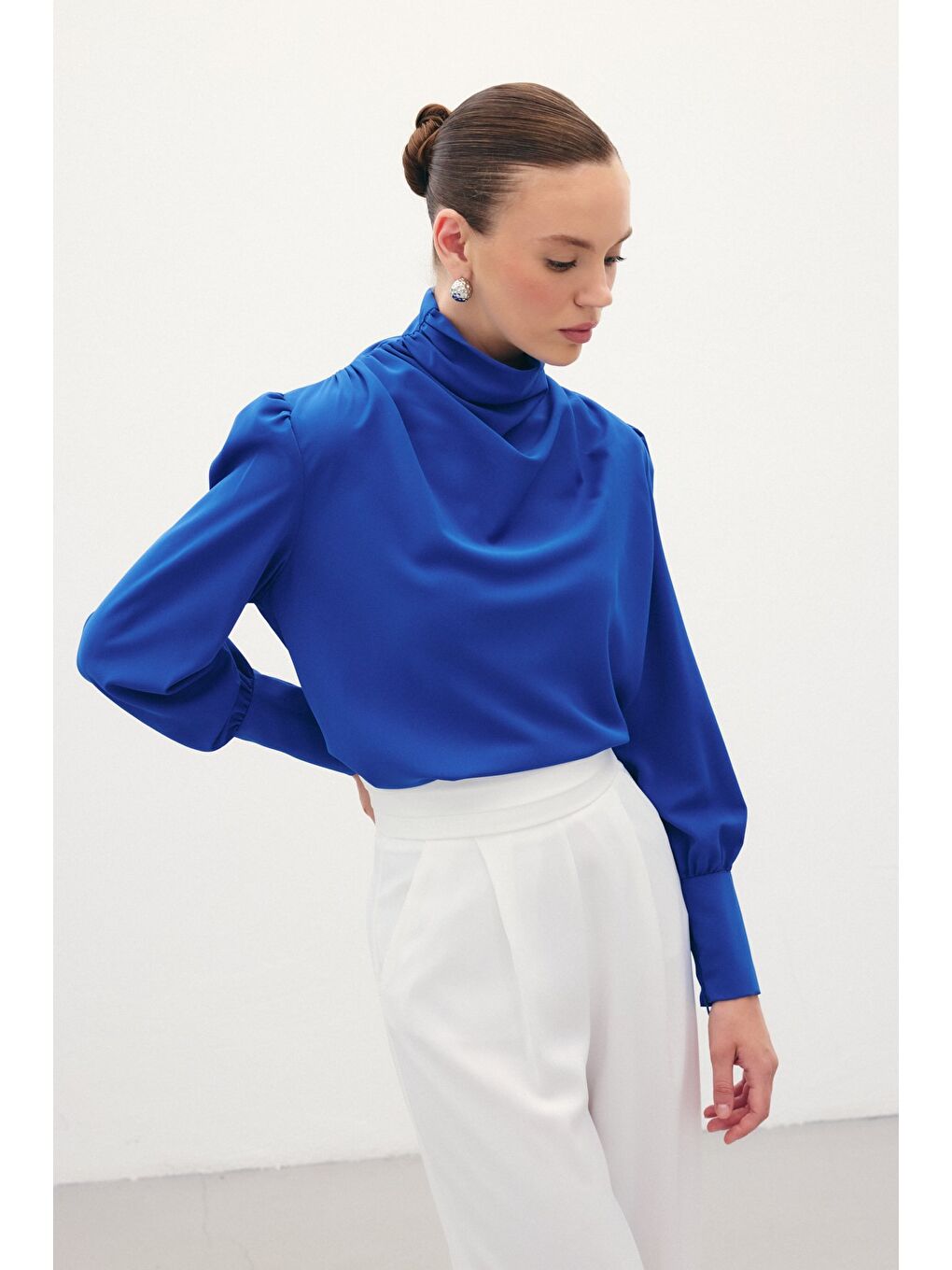 Drape Detaylı Bluz - Sax Mavi-4