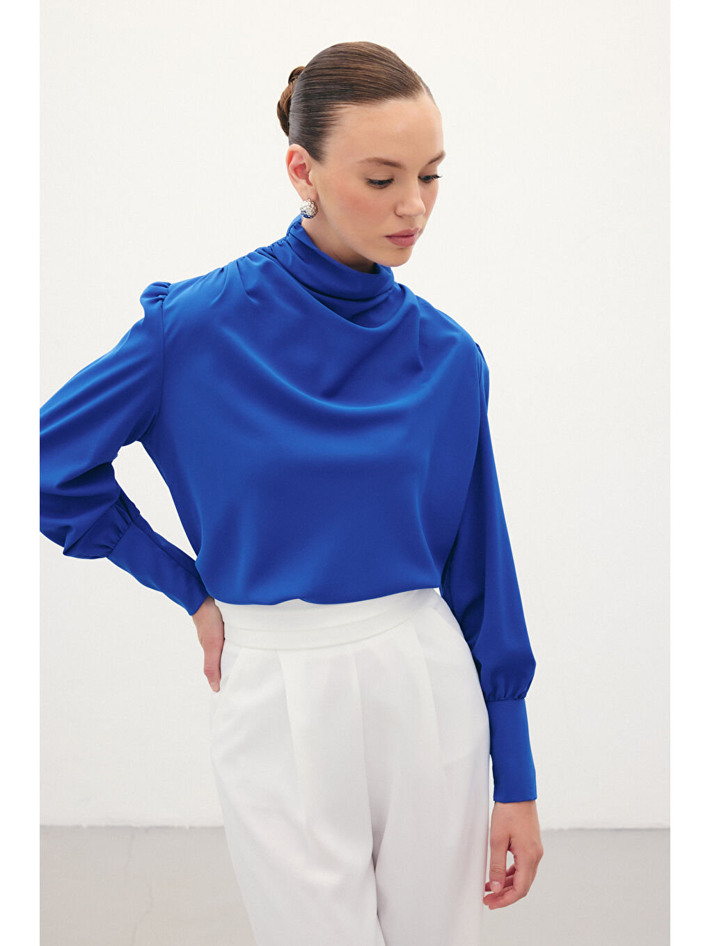 Drape Detaylı Bluz - Sax Mavi-5