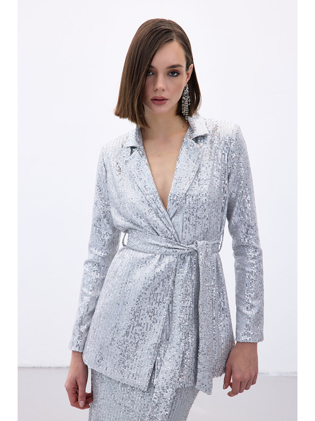 Gri Kuşaklı Payet Ceket - Gümüş-2