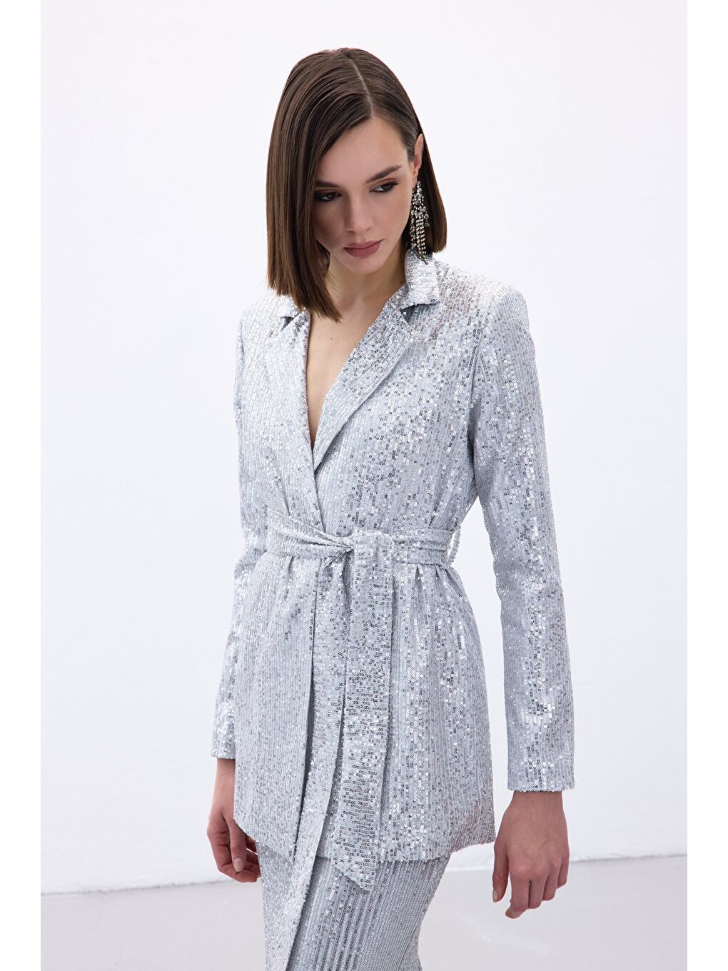 Gri Kuşaklı Payet Ceket - Gümüş-3