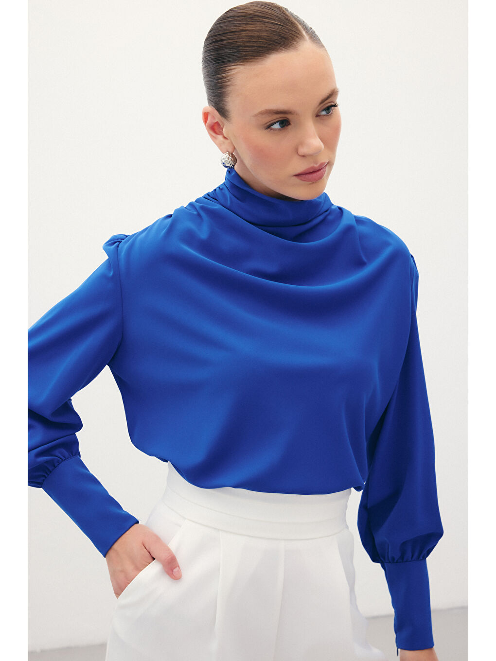 Drape Detaylı Bluz - Sax Mavi-6