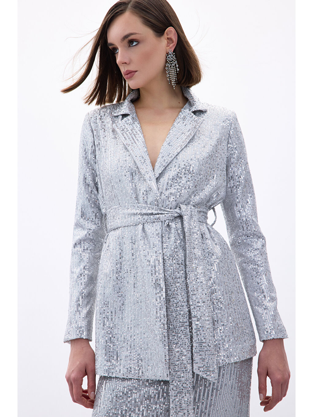 Gri Kuşaklı Payet Ceket - Gümüş-4