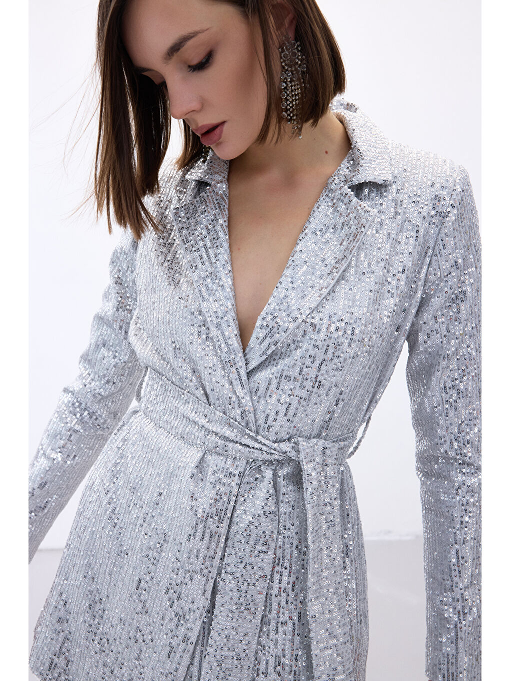 Gri Kuşaklı Payet Ceket - Gümüş-5