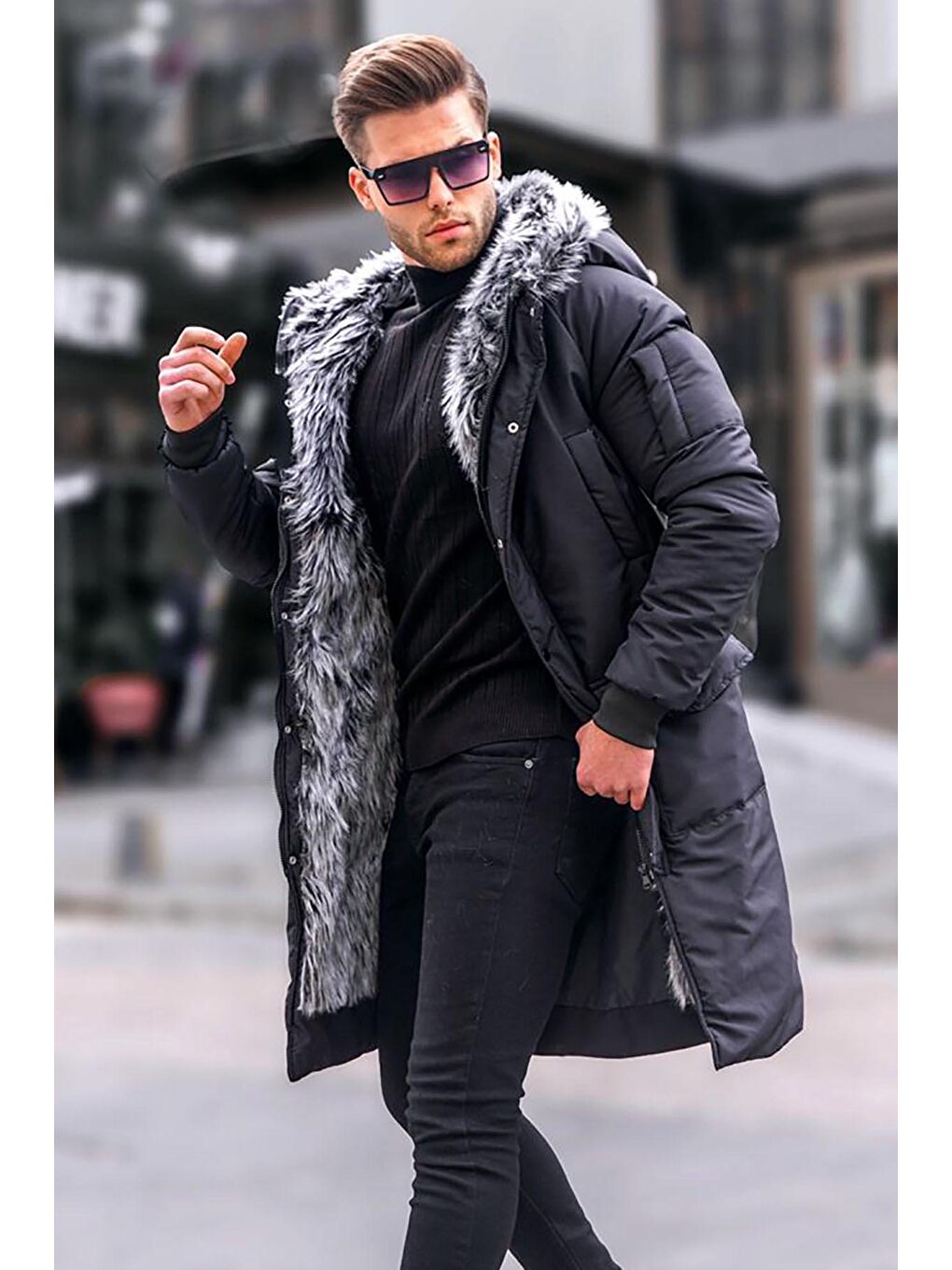 Siyah Uzun Suni Kürklü Şişme Mont 5995