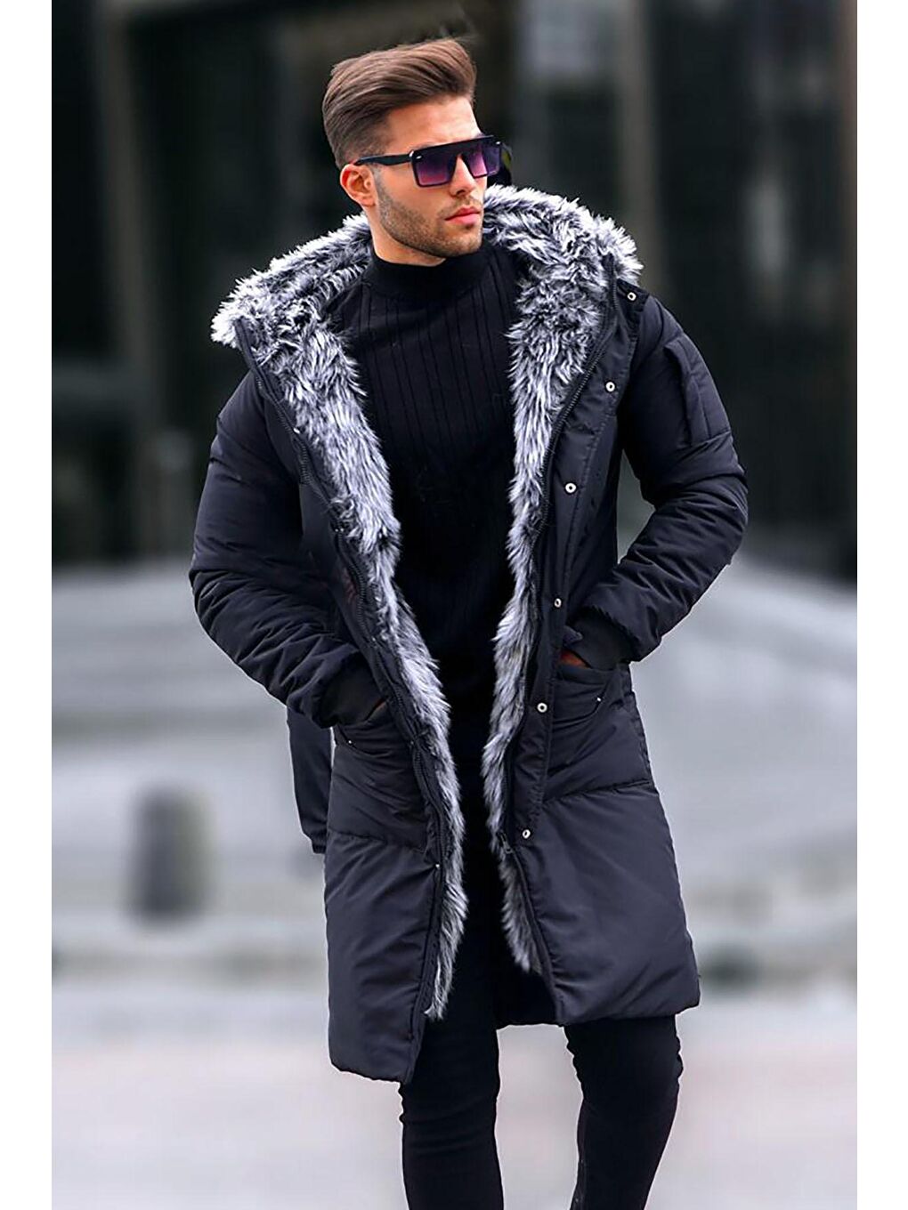 Siyah Uzun Suni Kürklü Şişme Mont 5995-1