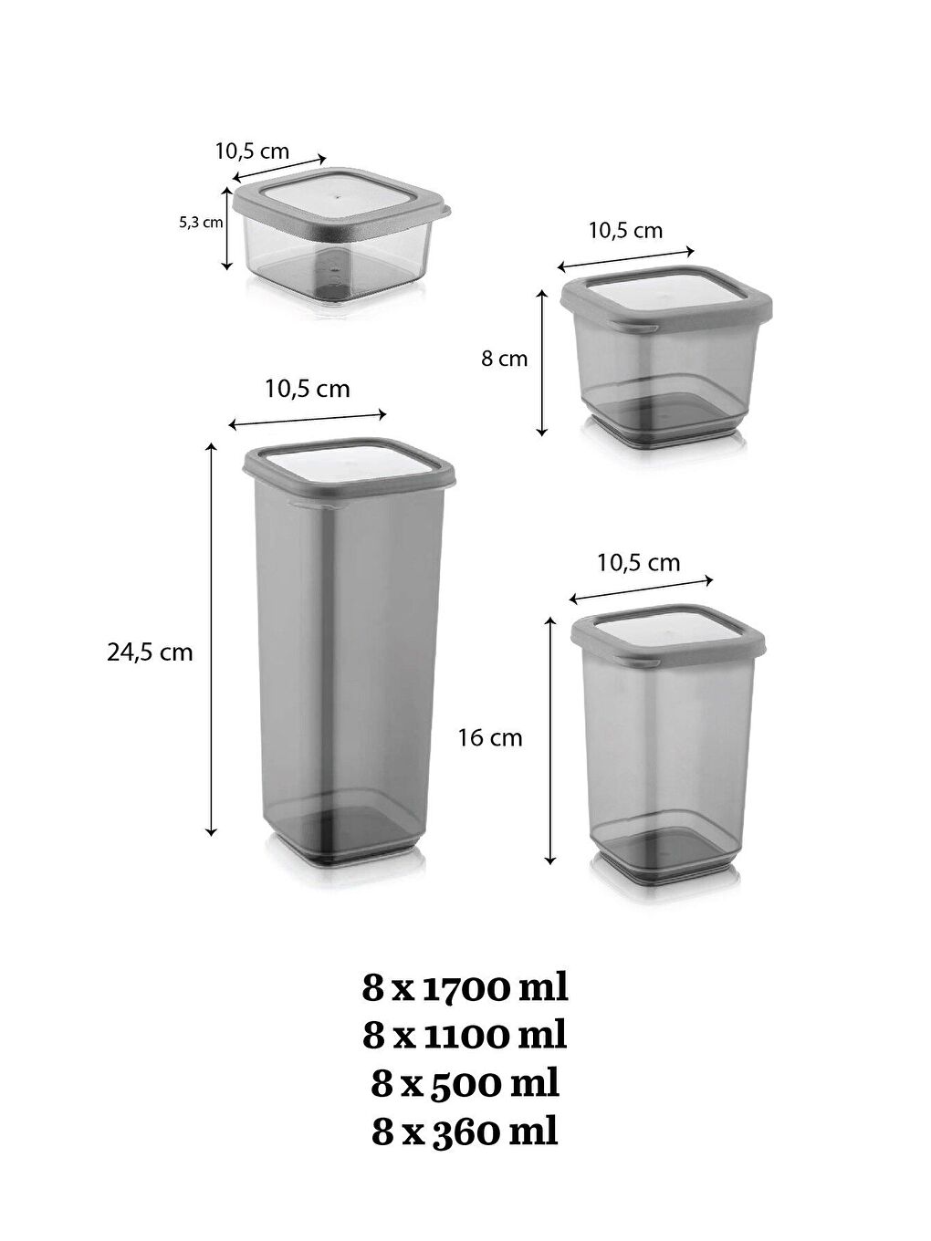 Meleni Home Antrasit 32'li Silikon Kapaklı Kare Erzak Saklama Kabı 8x(0,3 Lt-0,5 Lt-1,1 Lt-1,7 Lt) Baharatlık Seti - 2