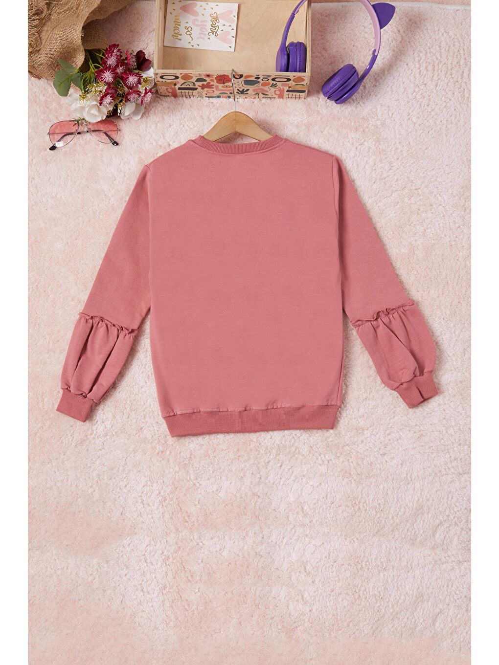 Pembe Gül Kurusu Renkli Kalp Desenli Payetli Kız Çocuk Sweatshirt 16695-3