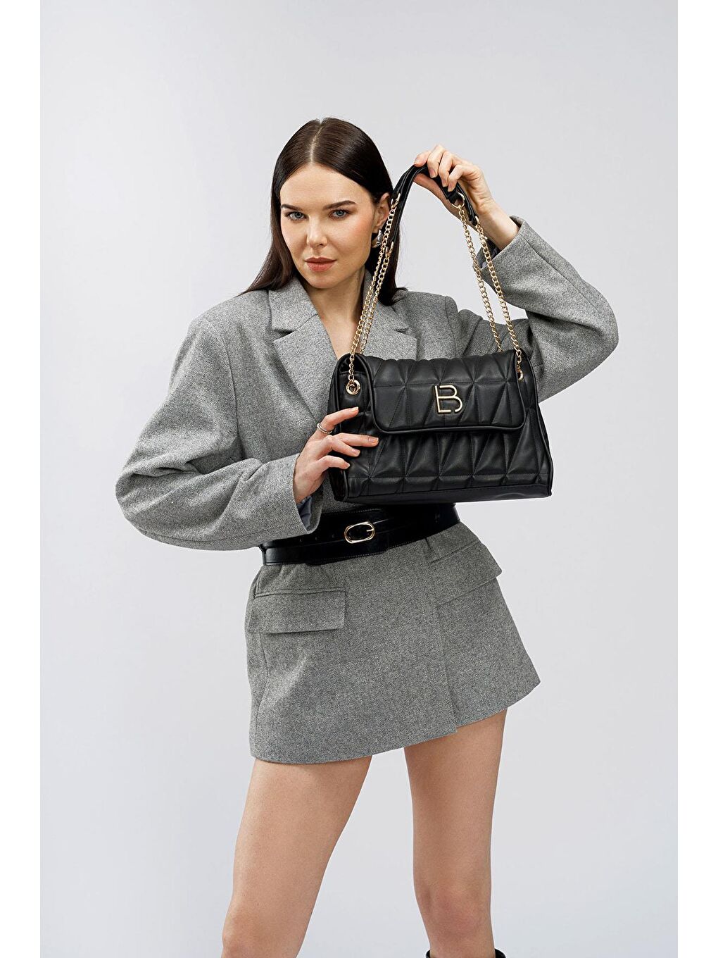 Siyah Desenli Zincir Askılı Kadın El ve Omuz Çantası