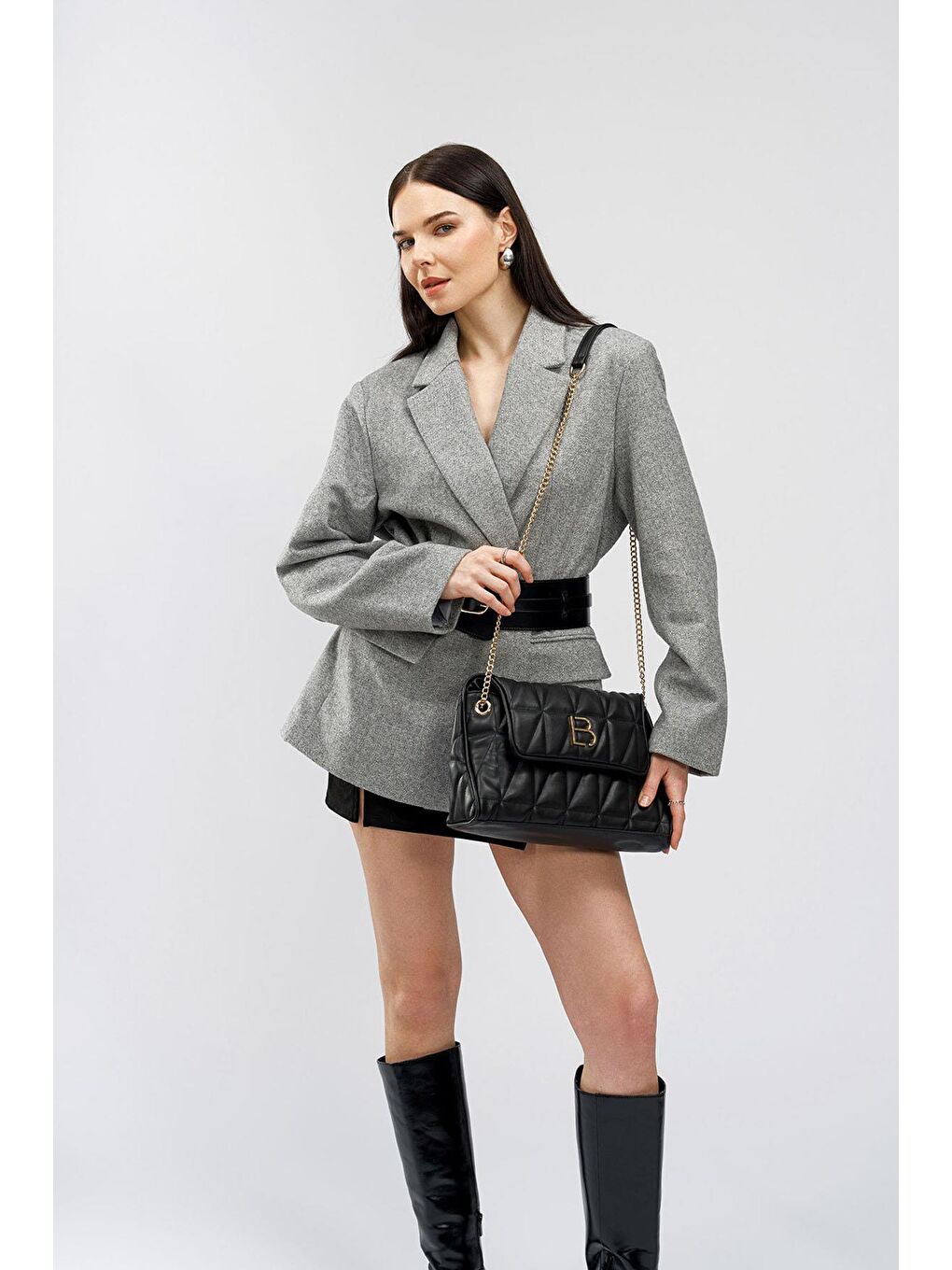 Siyah Desenli Zincir Askılı Kadın El ve Omuz Çantası-1