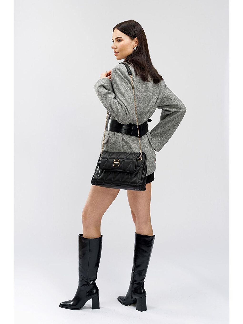 Siyah Desenli Zincir Askılı Kadın El ve Omuz Çantası-2