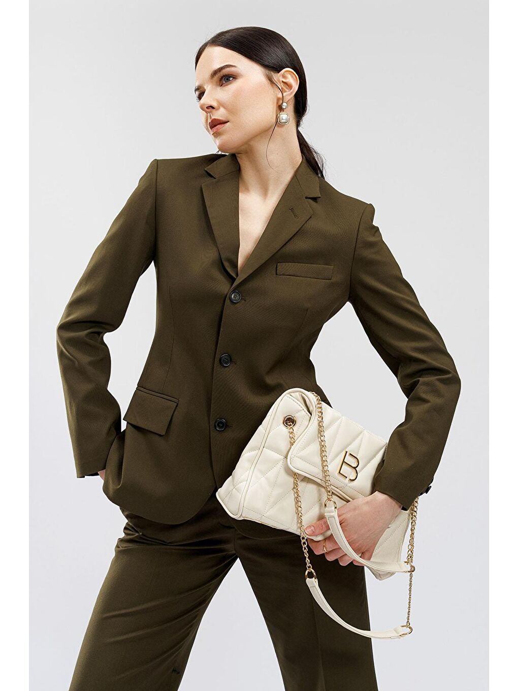 Ekru Desenli Zincir Askılı Kadın El ve Omuz Çantası-1