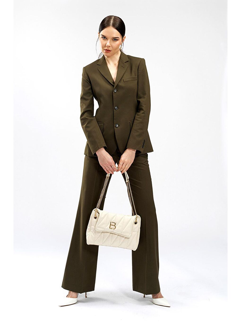 Ekru Desenli Zincir Askılı Kadın El ve Omuz Çantası-2