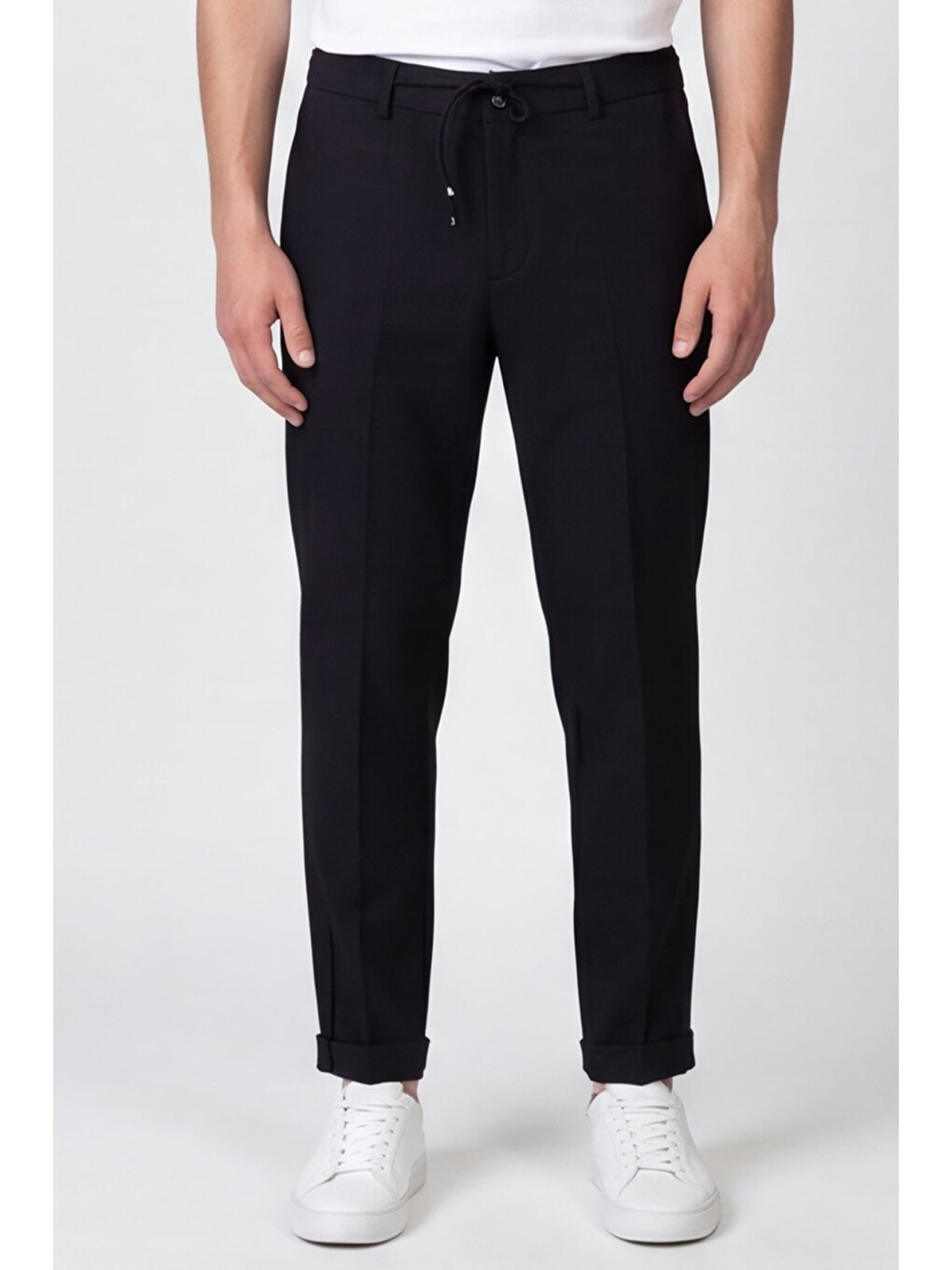 Giotelli Erkek Siyah Dar Kesim Slim Fit Viskon Dokuma Yan Cep Bağcıklı Bel Pantolon