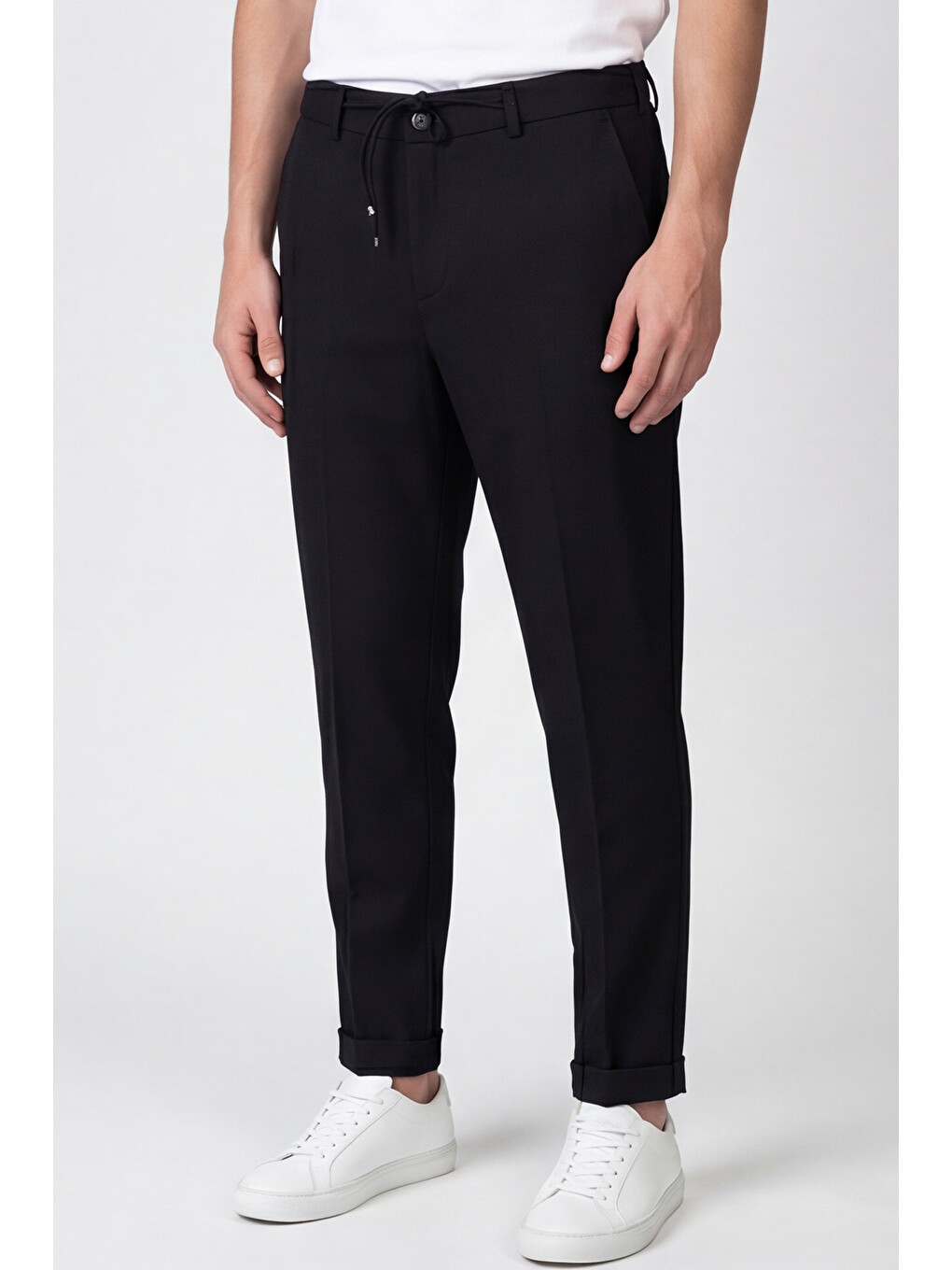 Giotelli Erkek Siyah Dar Kesim Slim Fit Viskon Dokuma Yan Cep Bağcıklı Bel Pantolon-2