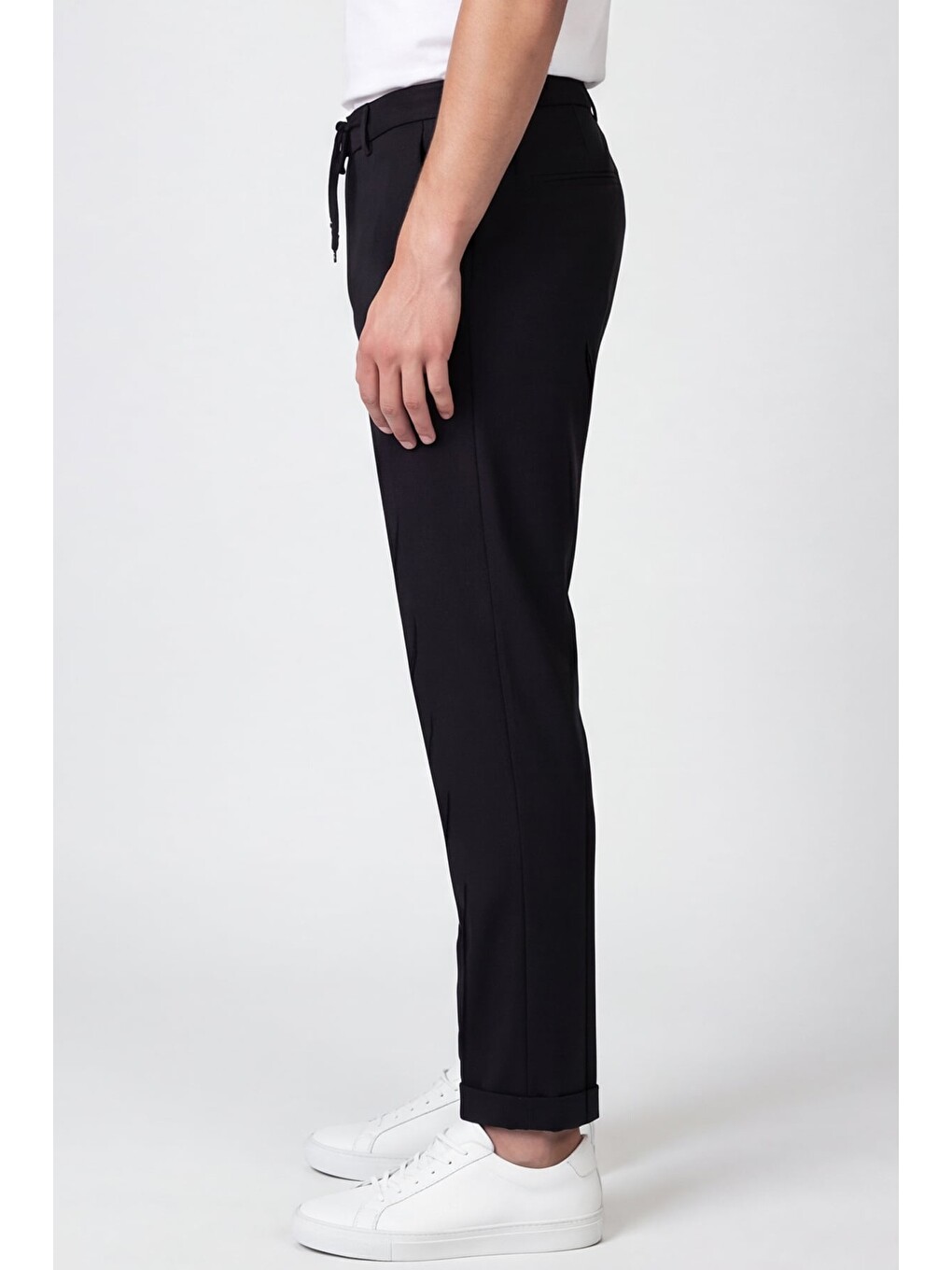 Giotelli Erkek Siyah Dar Kesim Slim Fit Viskon Dokuma Yan Cep Bağcıklı Bel Pantolon-3