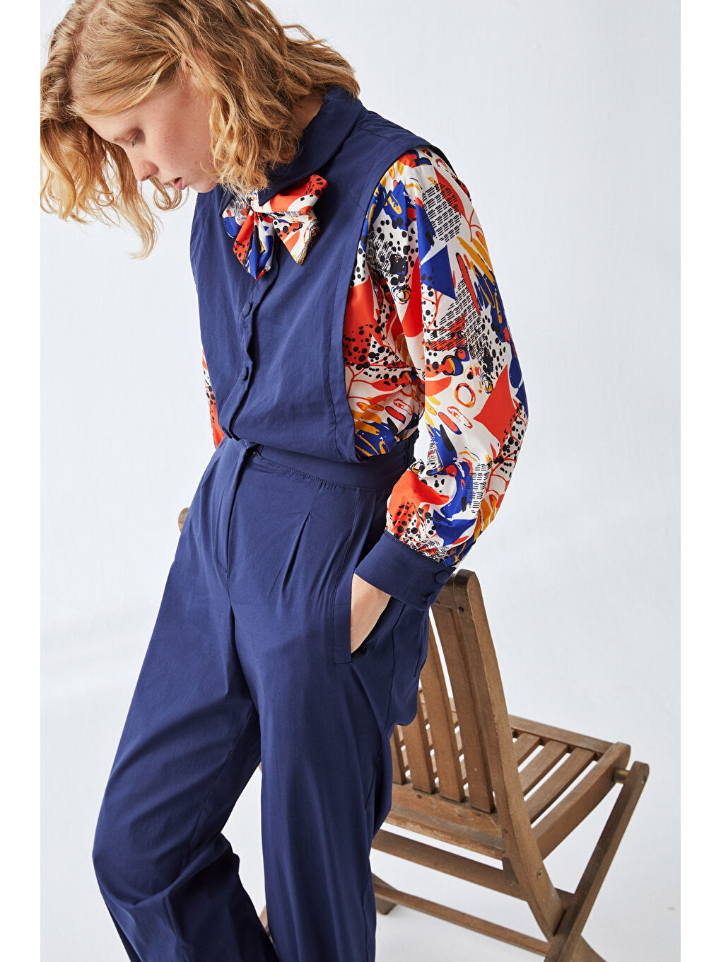 Baskılı Gömlekli Uzun Kollu Tulum-Lacivert-2