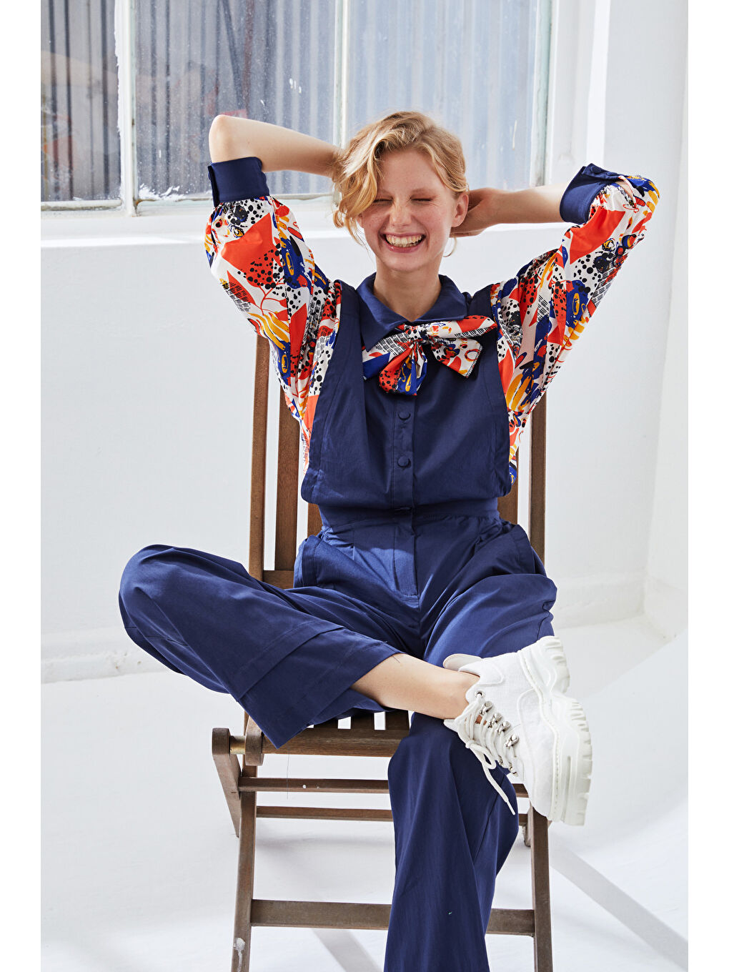 Baskılı Gömlekli Uzun Kollu Tulum-Lacivert-1