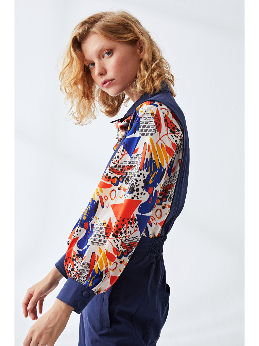 Baskılı Gömlekli Uzun Kollu Tulum-Lacivert-3