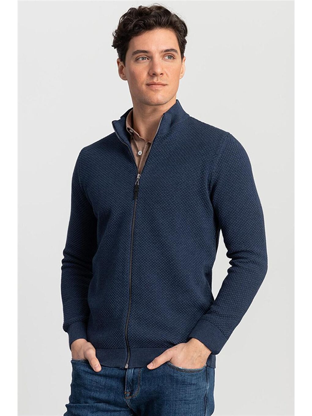 Erkek Standart Fit Normal Kesim Desenli Yarım Balıkçı Yaka Fermuarlı İndigo Hırka