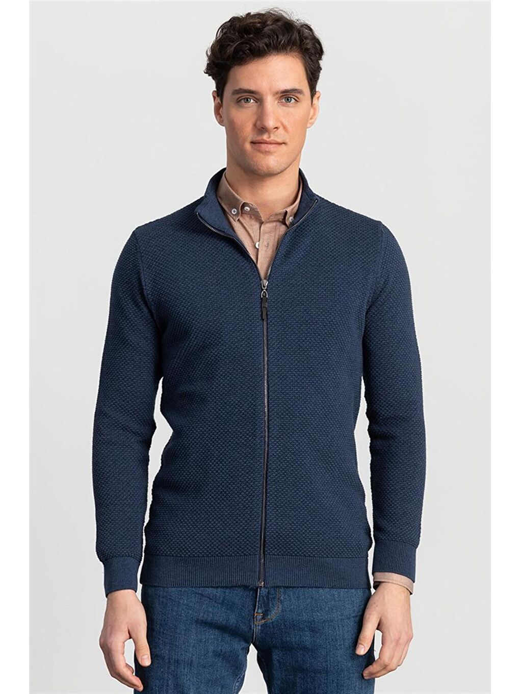 Erkek Standart Fit Normal Kesim Desenli Yarım Balıkçı Yaka Fermuarlı İndigo Hırka-1