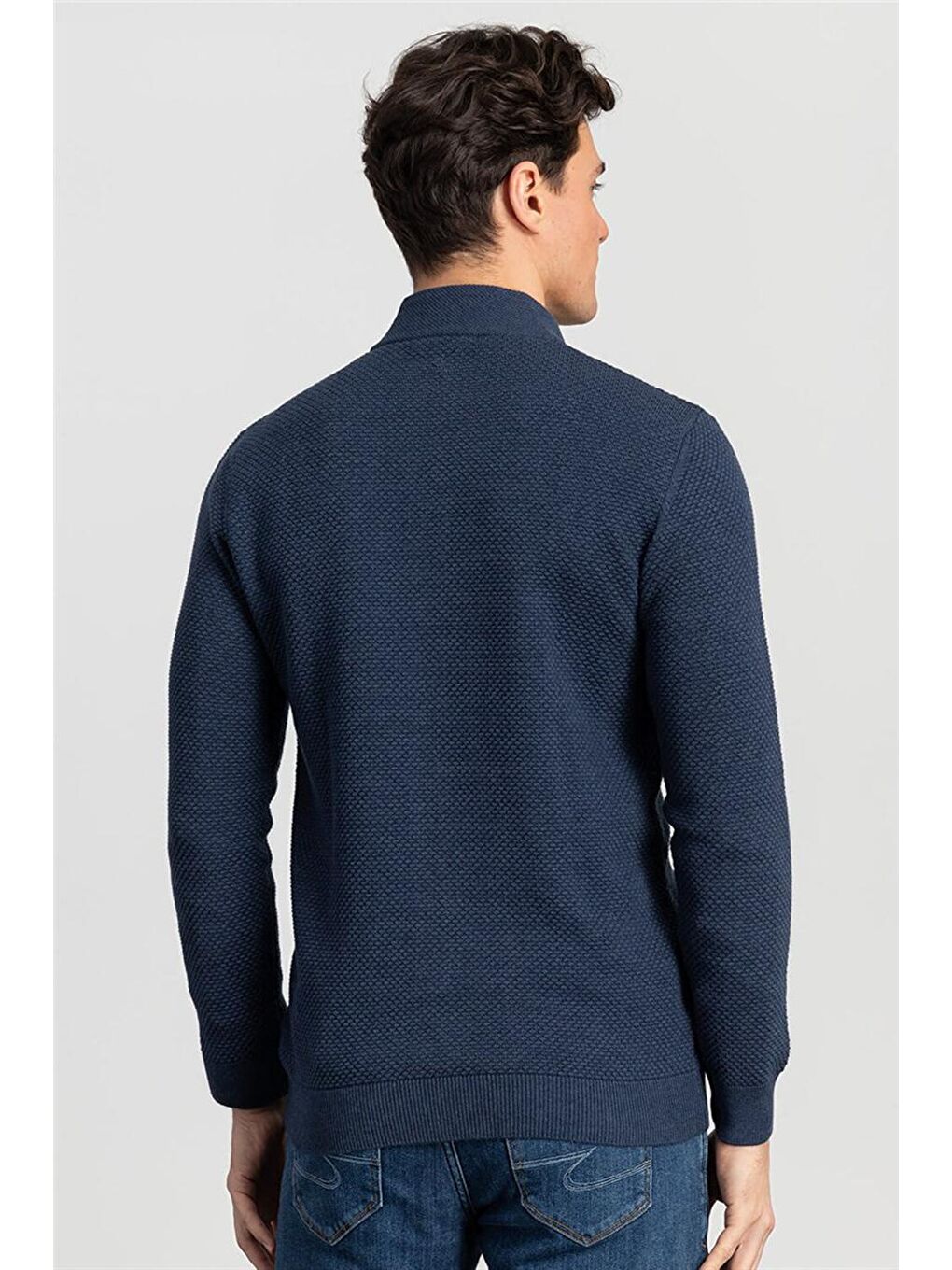 Erkek Standart Fit Normal Kesim Desenli Yarım Balıkçı Yaka Fermuarlı İndigo Hırka-2
