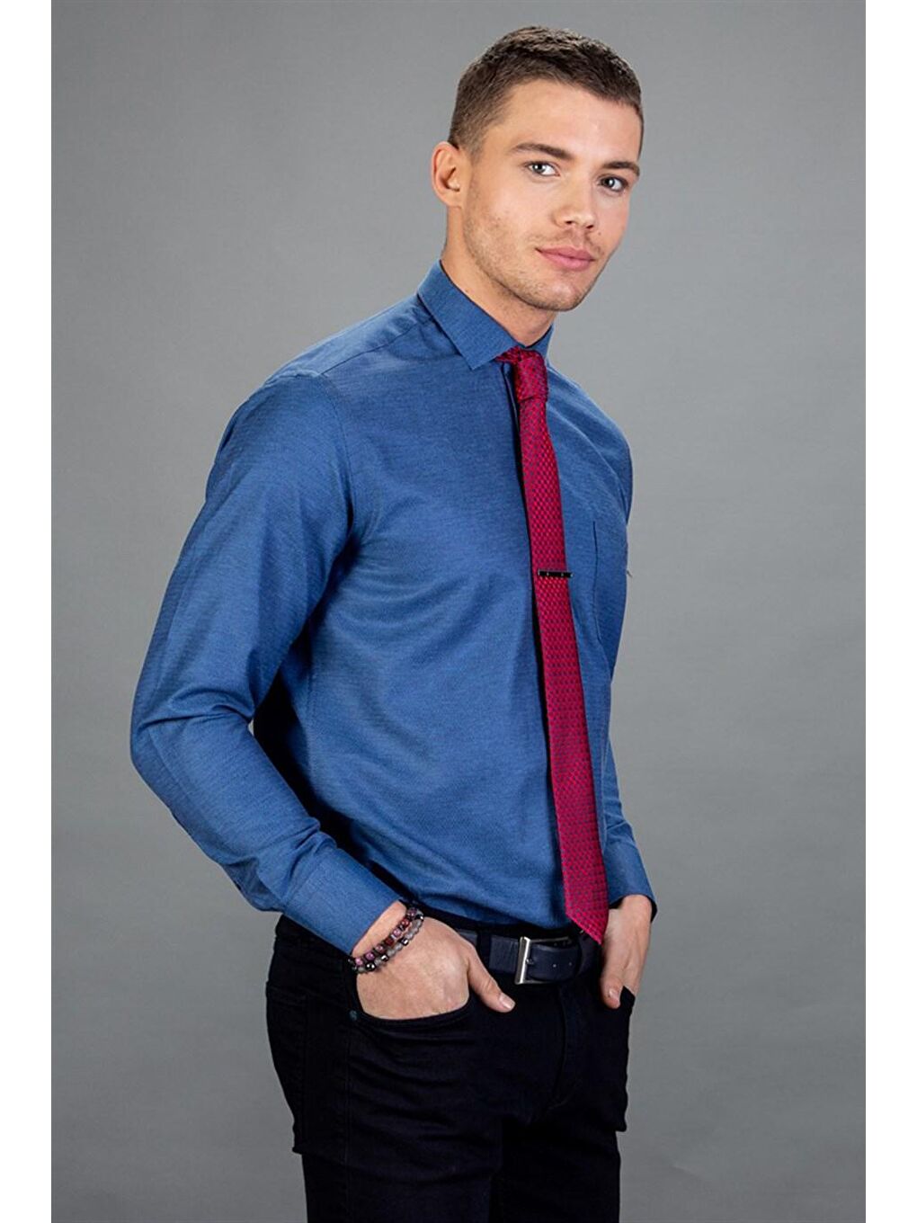 Klasik Fit Pamuklu Kolay Ütü Armürlü Erkek İndigo Gömlek-1