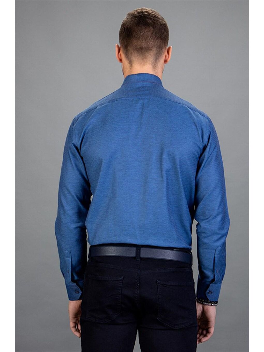 Klasik Fit Pamuklu Kolay Ütü Armürlü Erkek İndigo Gömlek-3