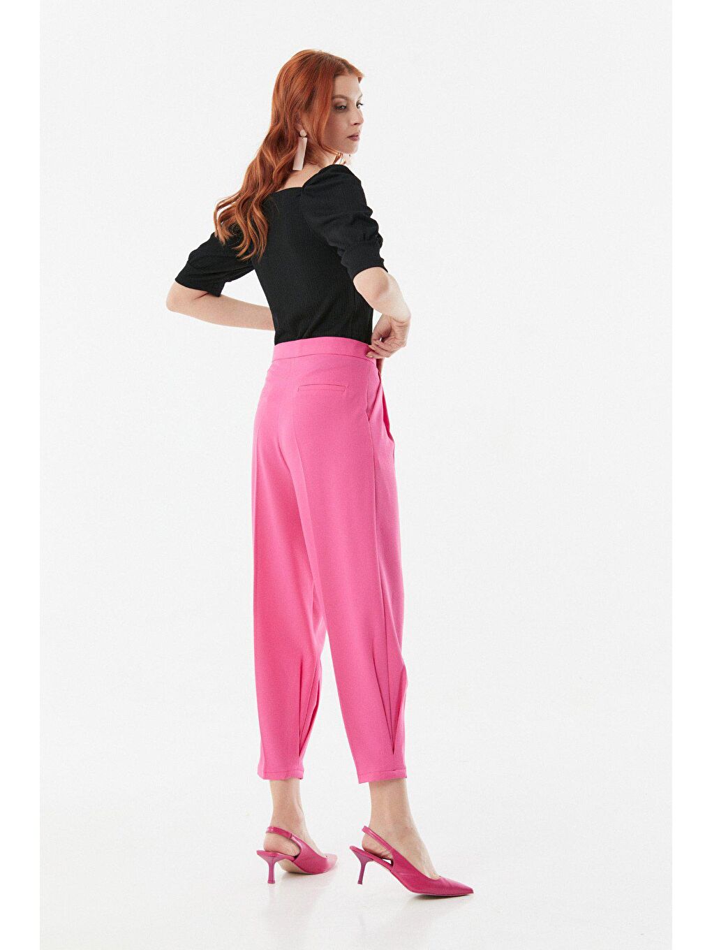 Pembe Yüksek Bel Paçası Pensli Şalvar Pantolon-1