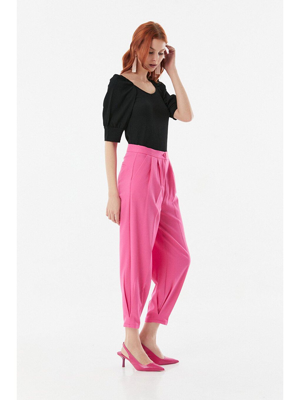 Pembe Yüksek Bel Paçası Pensli Şalvar Pantolon-2