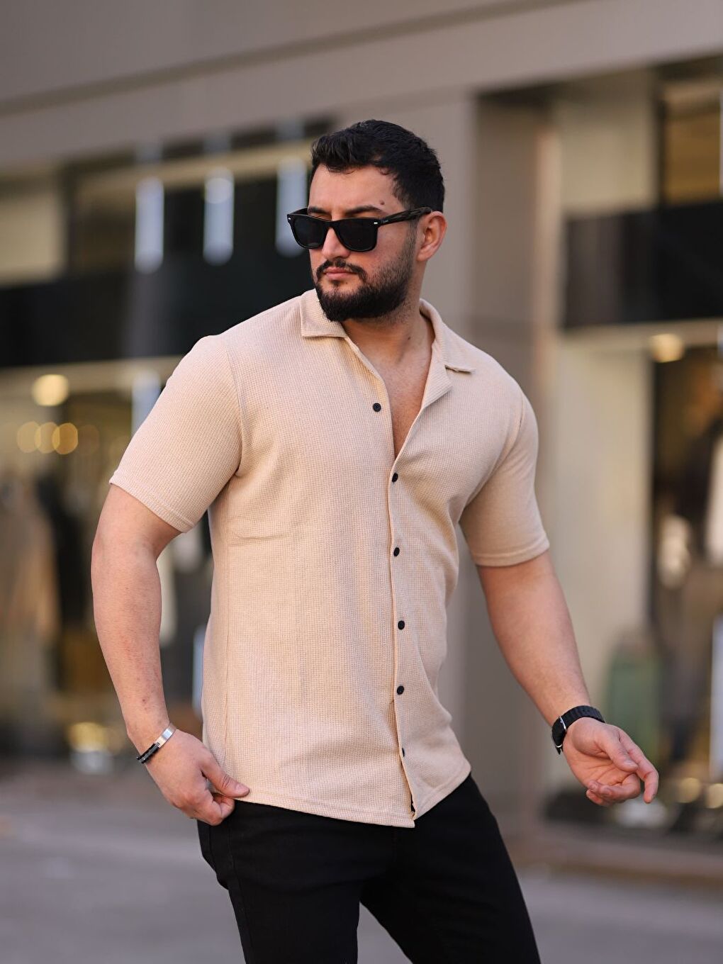 Erkek Bej Örme Kısa Kollu Erkek Gömlek-1