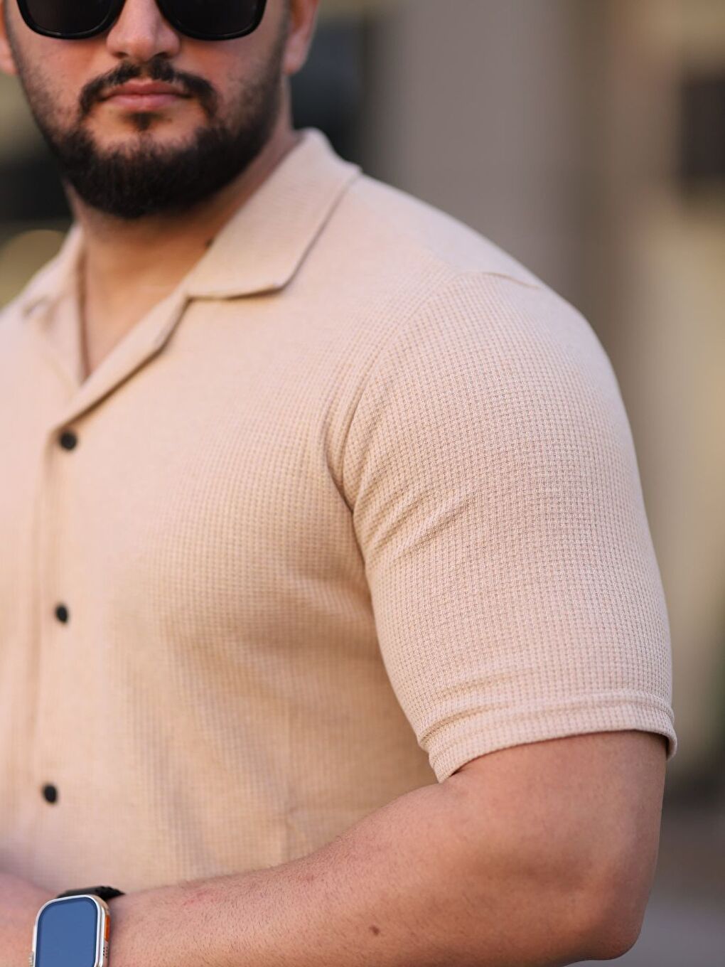 Erkek Bej Örme Kısa Kollu Erkek Gömlek-2