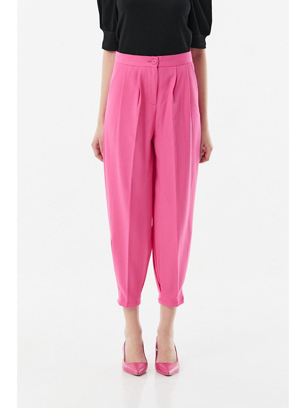 Pembe Yüksek Bel Paçası Pensli Şalvar Pantolon-4