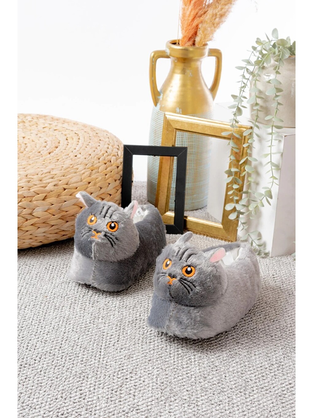 Gri Kedi Figürlü Pelüş Panduf Ev Pandufu Unisex