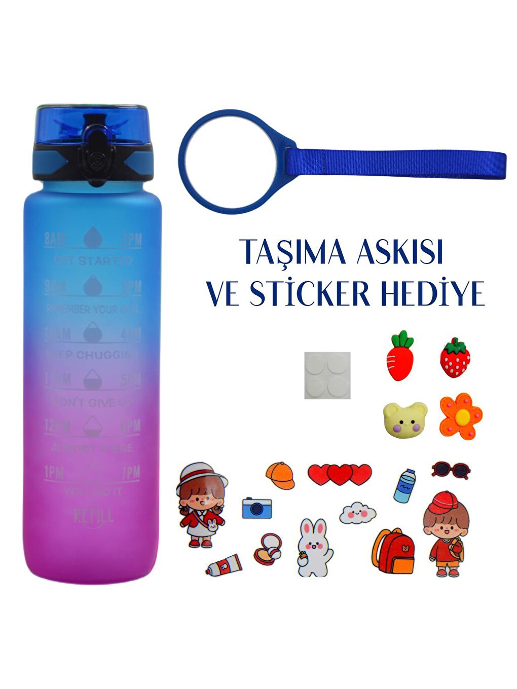 BottleBoss Mavi Renk Geçişli Sızdırmaz Kapak Motivasyon Matarası 1 Litre Sticker HEDİYELİ Mavi (BB-899591) - 1