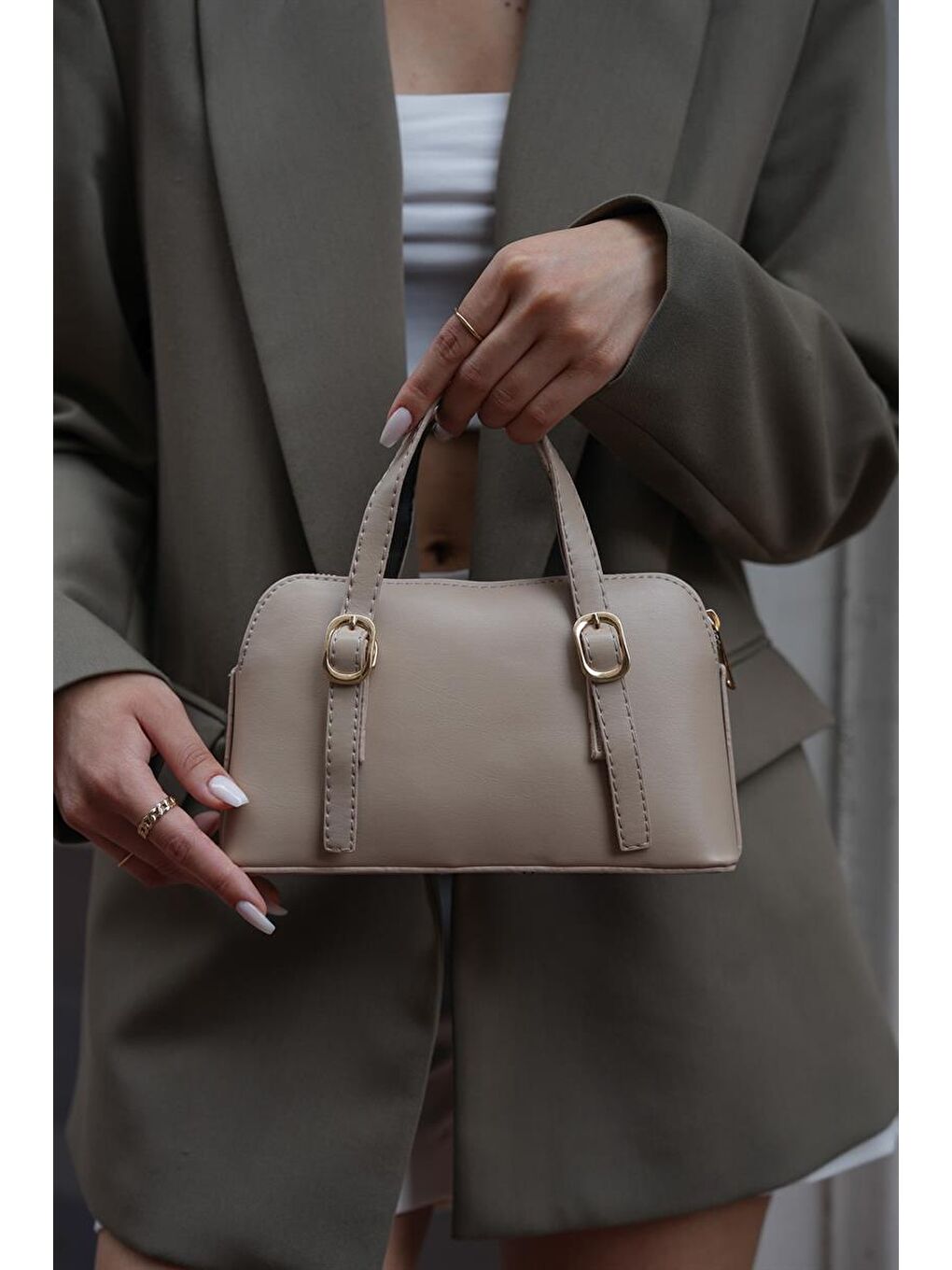 Bej Cosmos Çift Tokalı El Ve Çapraz Askılı Kadın Çanta - Vizon