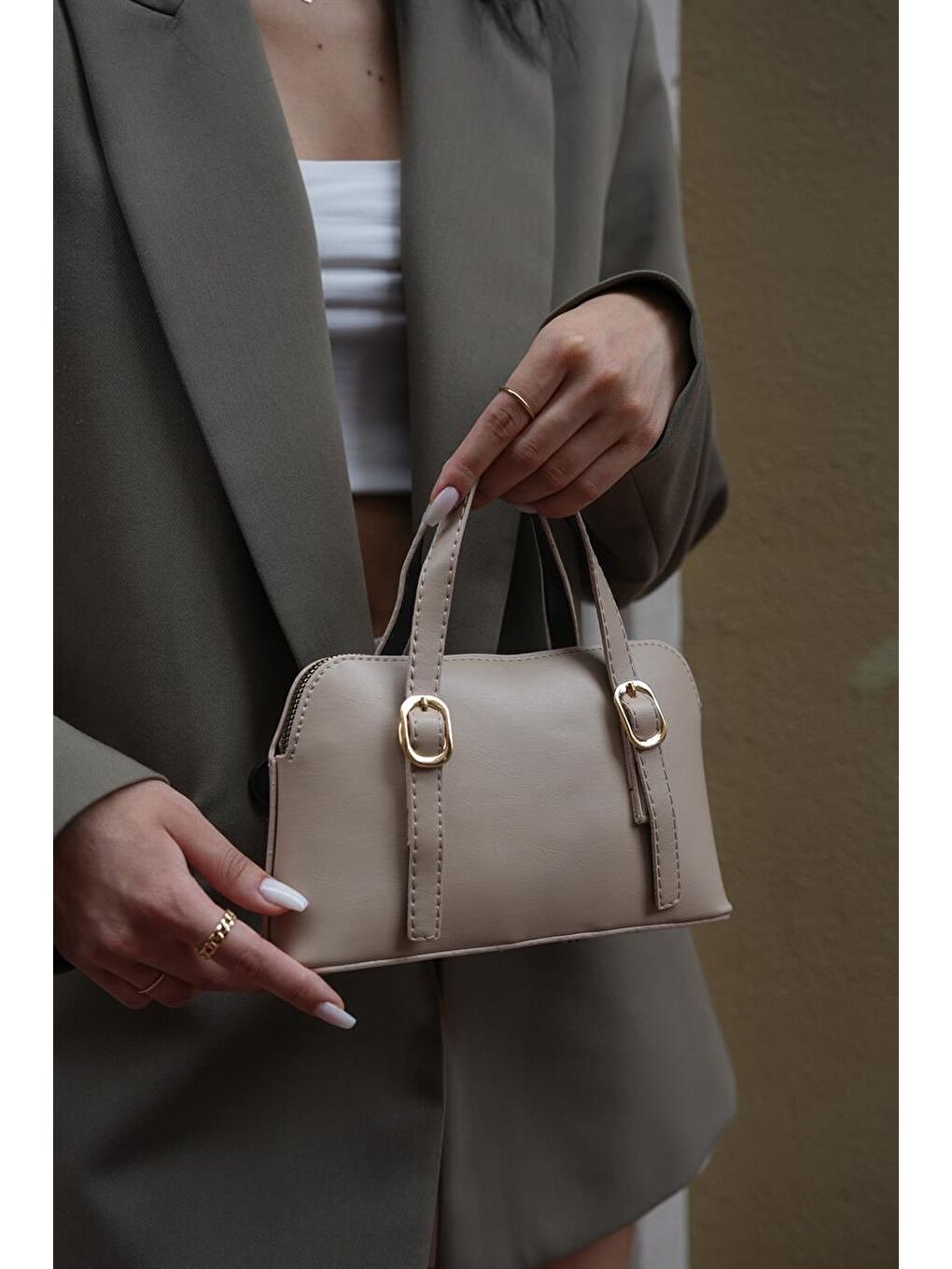 Bej Cosmos Çift Tokalı El Ve Çapraz Askılı Kadın Çanta - Vizon-2