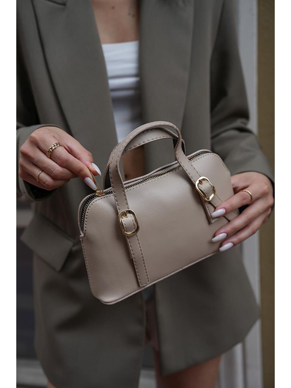 Bej Cosmos Çift Tokalı El Ve Çapraz Askılı Kadın Çanta - Vizon-3