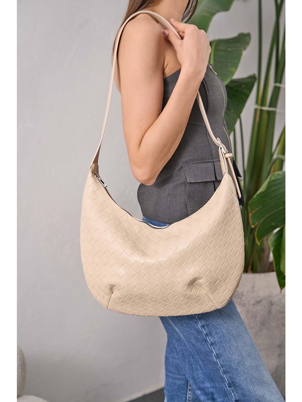 Ekru Dora Örgü Desenli Büyük Çanta Krem