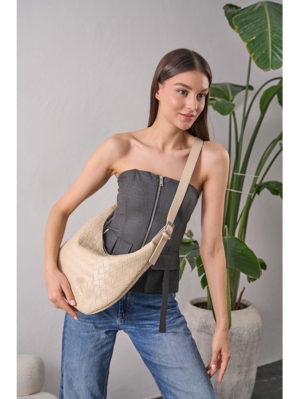 Ekru Dora Örgü Desenli Büyük Çanta Krem-1