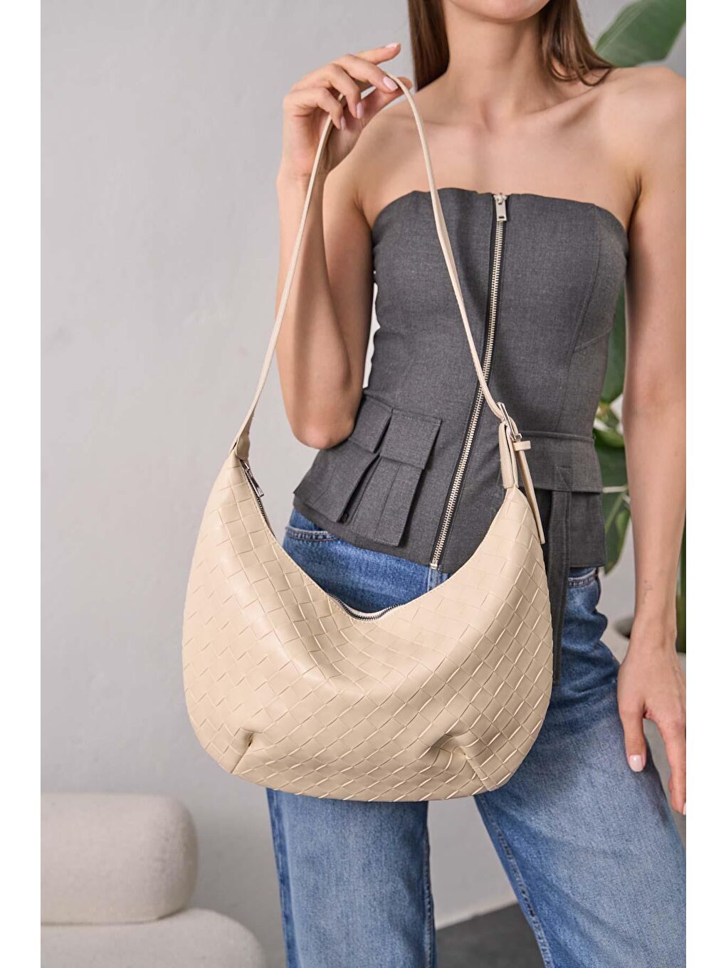 Ekru Dora Örgü Desenli Büyük Çanta Krem-2