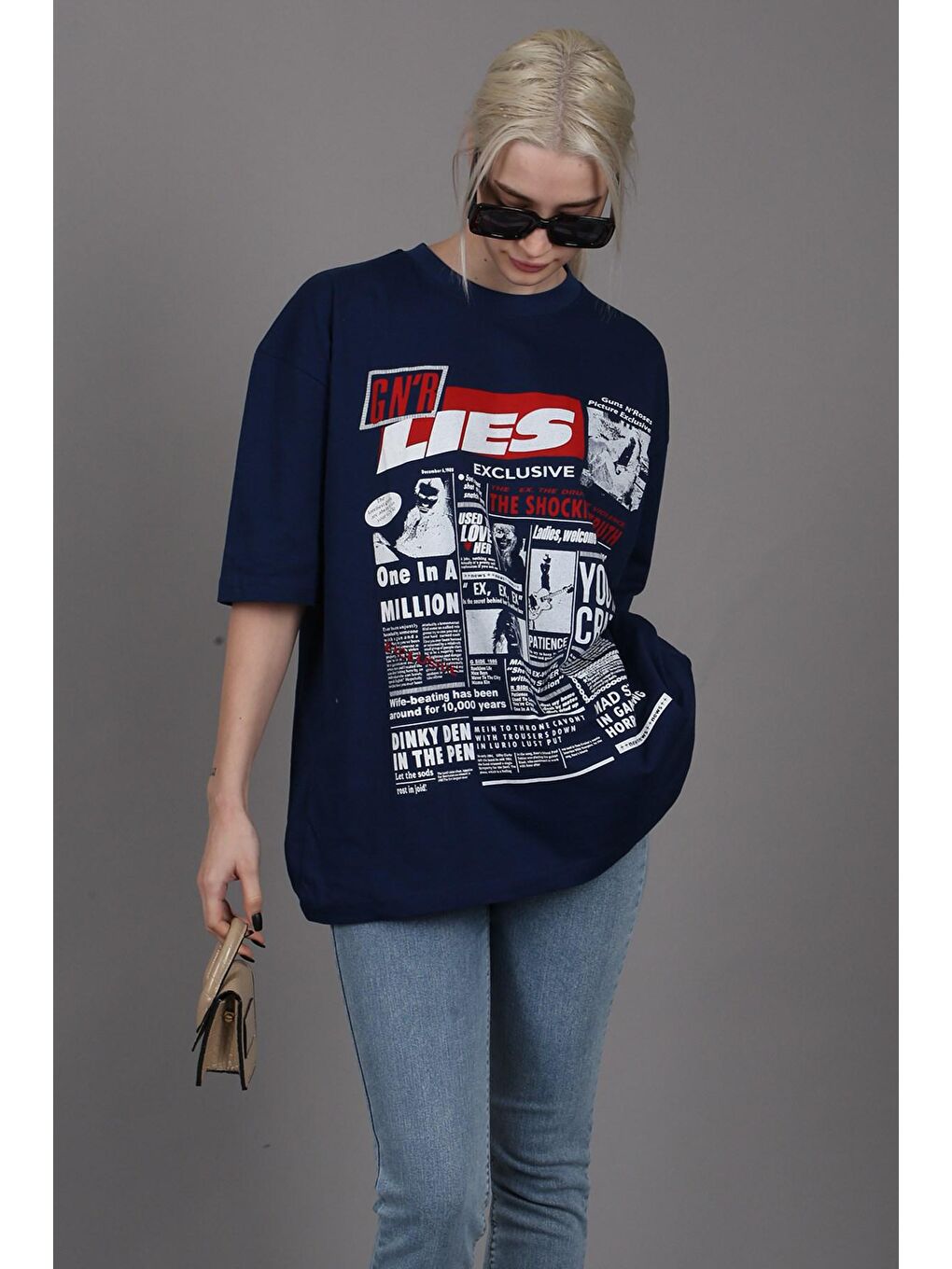 Lacivert Arka Baskılı Over Fit Kadın Tişört Mg1506-1