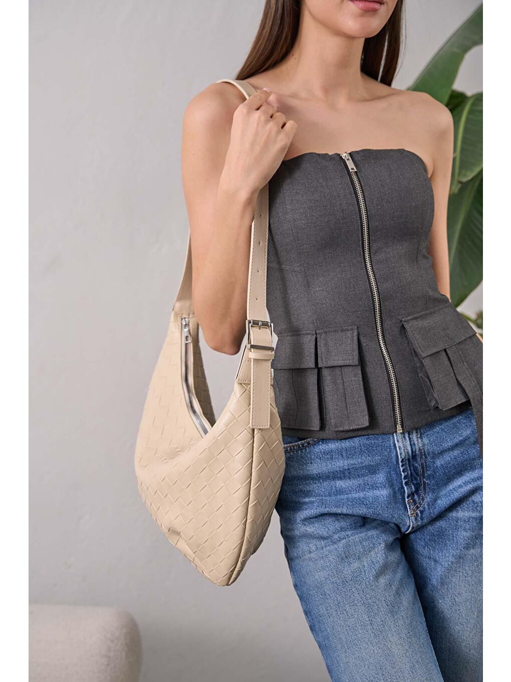 Ekru Dora Örgü Desenli Büyük Çanta Krem-3