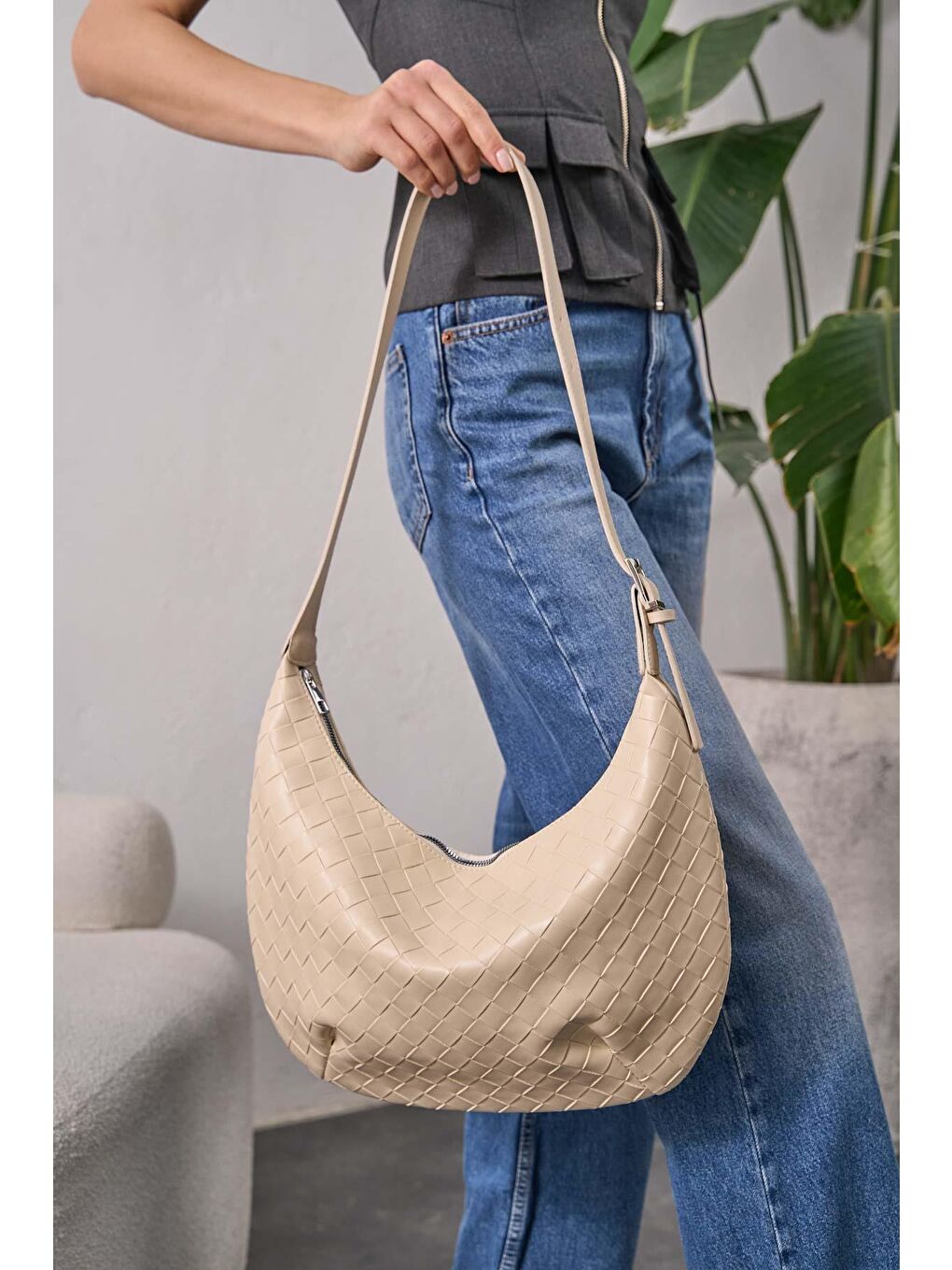 Ekru Dora Örgü Desenli Büyük Çanta Krem-4