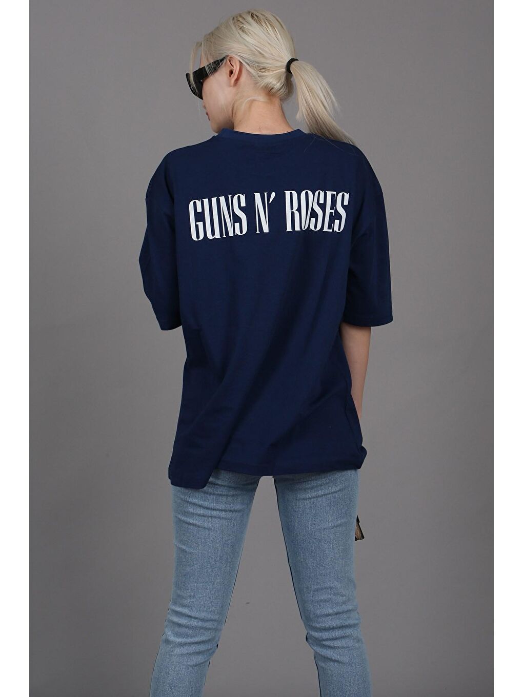 Lacivert Arka Baskılı Over Fit Kadın Tişört Mg1506-2