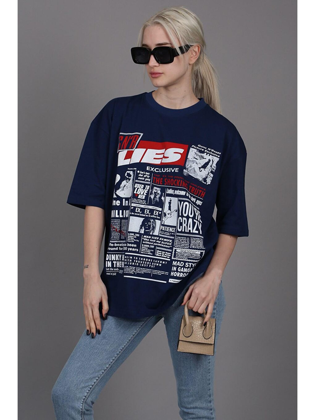 Lacivert Arka Baskılı Over Fit Kadın Tişört Mg1506-3