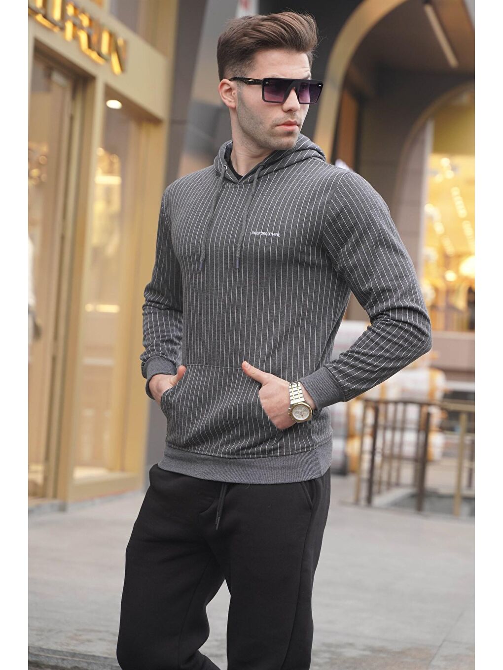 Antrasit Çizgili Kapüşonlu Erkek Sweatshirt 4692-3